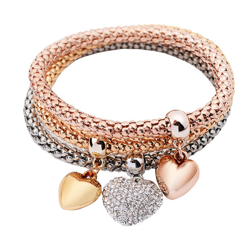 3Pcs Women Charm Pulseiras Heart Pendant Bracelet