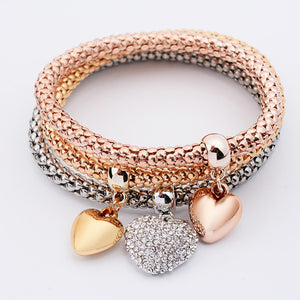 3Pcs Women Charm Pulseiras Heart Pendant Bracelet