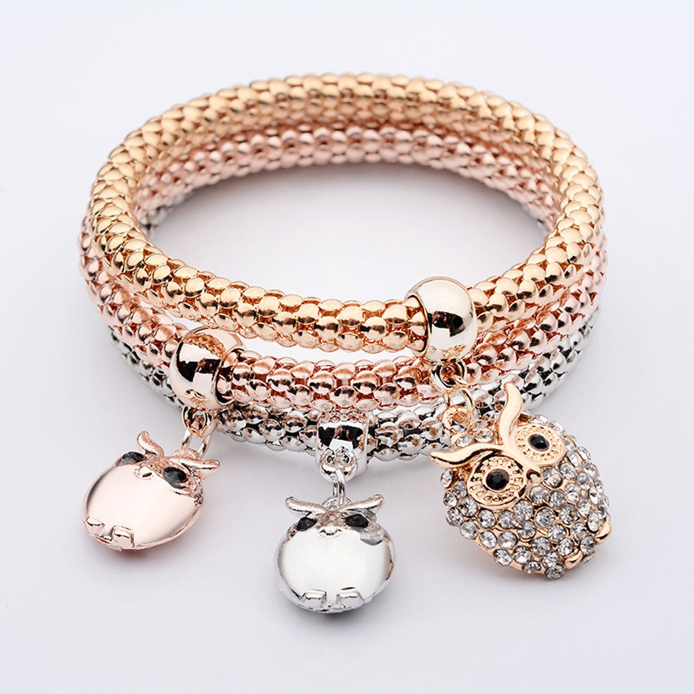 3Pcs Women Girl Charm Rhinestone Owl Pendant Bracelet